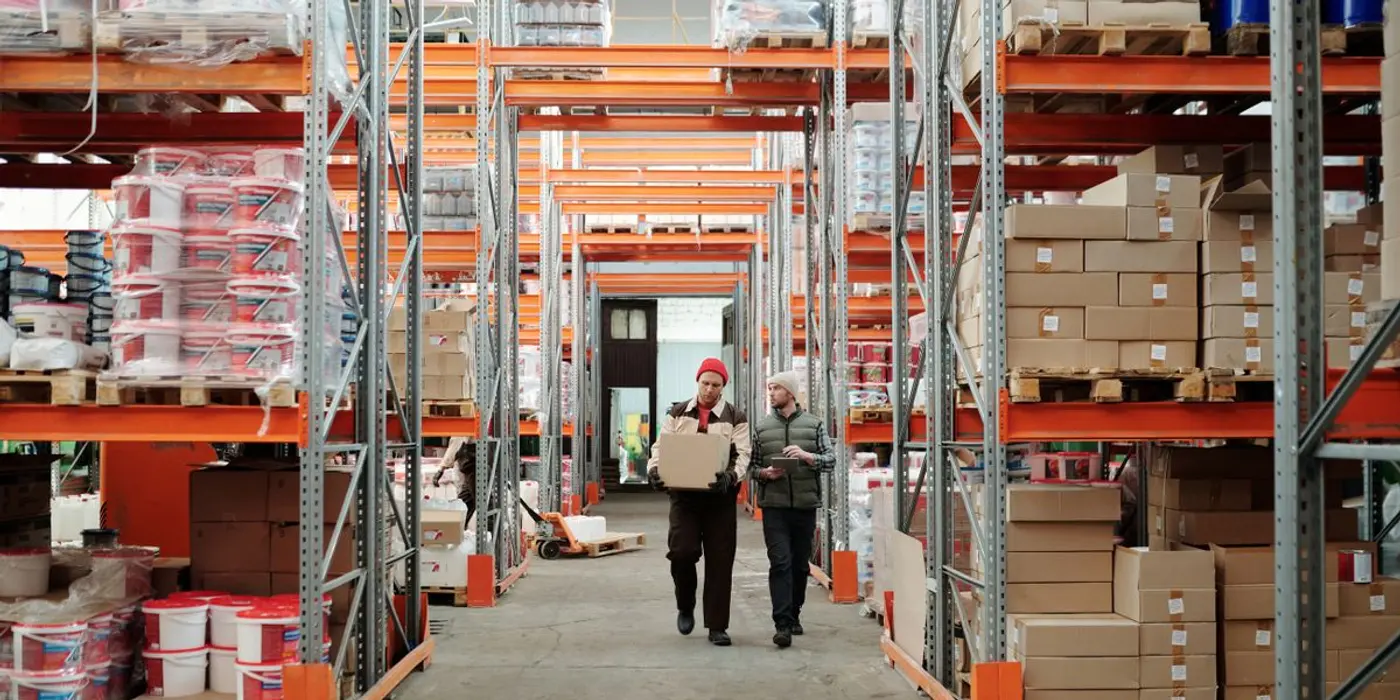 Wyat Logistics fulfillment campus, aisle view with operatives at work