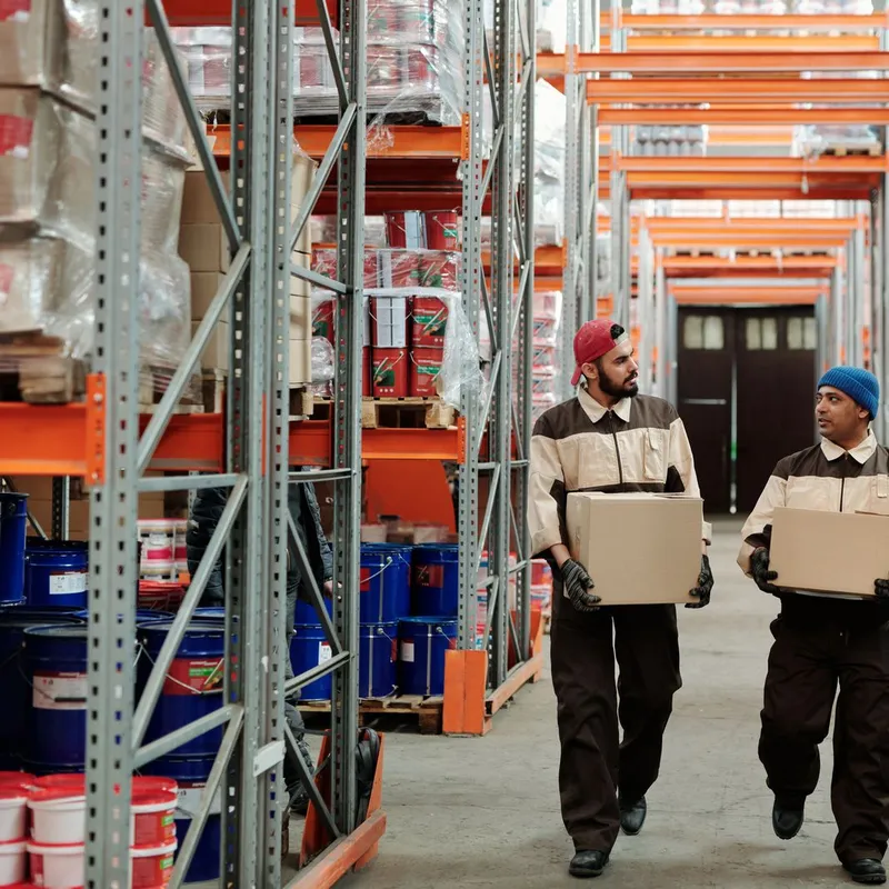 Wyat warehouse operatives carrying parcels through a fulfillment aisle